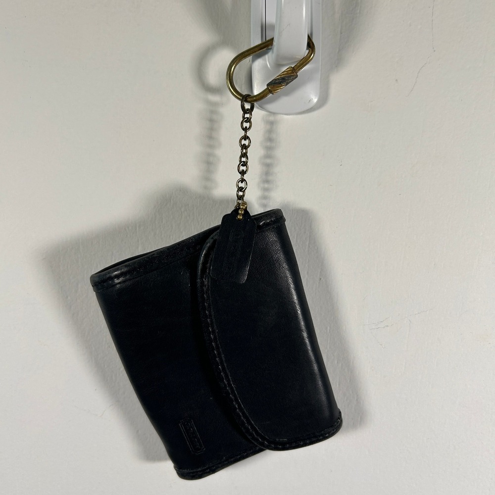 Coach Vintage Black Leather Mini Wallet Keychain Coin Purse Brass Carabiner